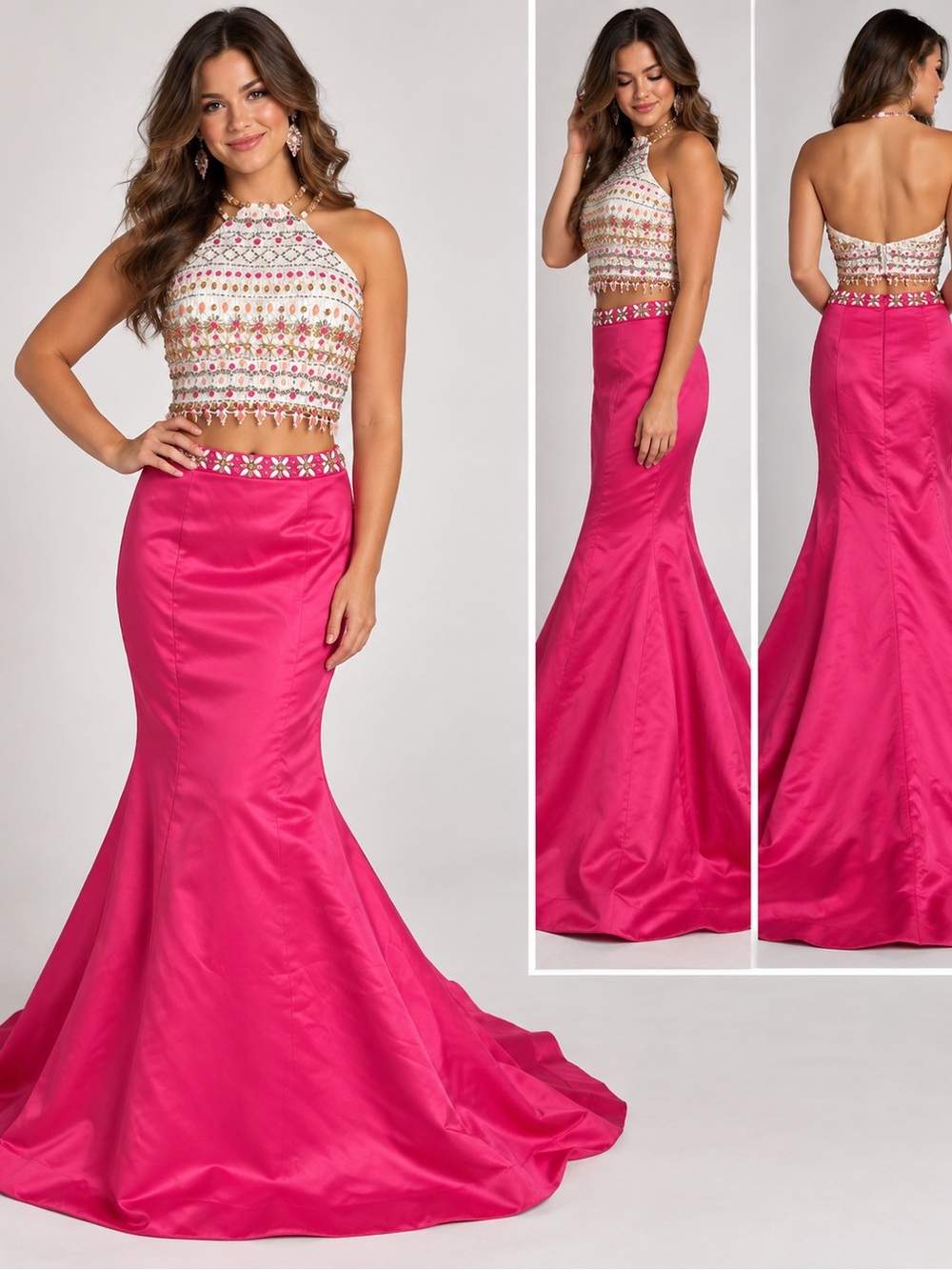 Rachel Allan Size 8 Fuchsia Beaded Two-Piece Halter Mermaid Gown Prom